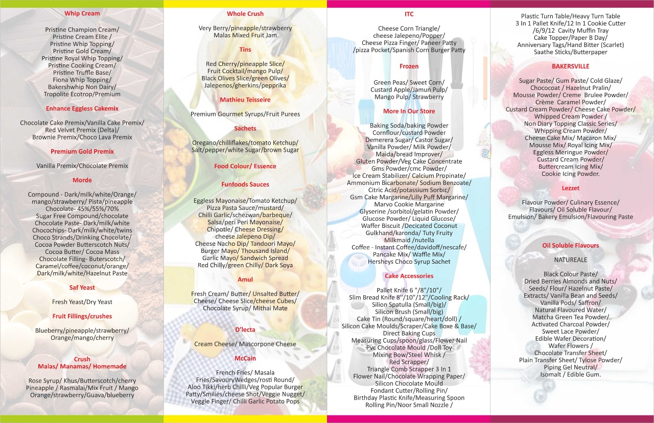 Jay Foods product list poster, in four panels: whip creams, cake premixes, compounds and chocolate, yeast, fruit fillings and crushes; whole crushes, tins, syrups and purees, sachets, food colours, sauces, dairy and frozen snacks; ITC and frozen items, store staples and cake accessories; turn tables, knives and tools, sugar pastes and icing mixes, flavours and edible decorations.