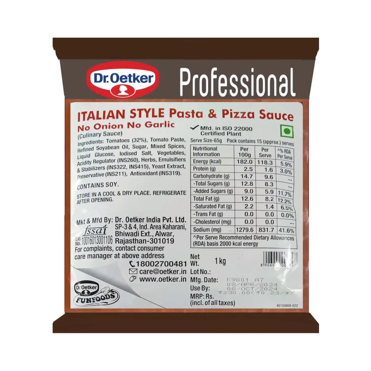 Dr.Oetker Italian Style Pasta And Pizza Sauce No Onion No Garlic 1kg - 1