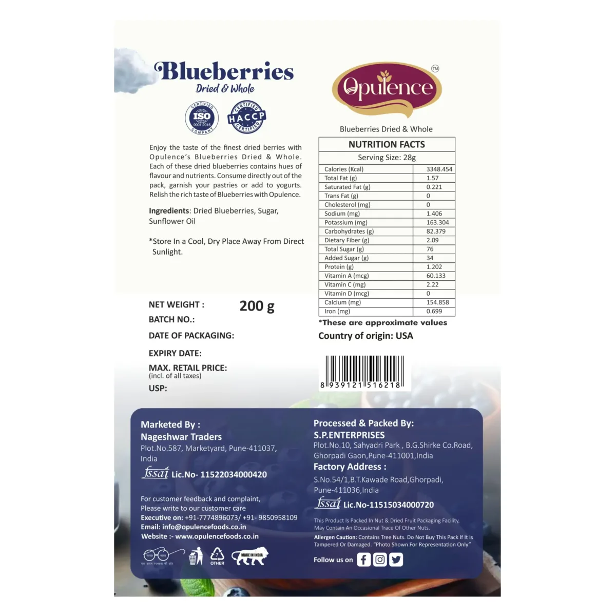 Opulence Blueberries Dried and Whole 200gm - 2