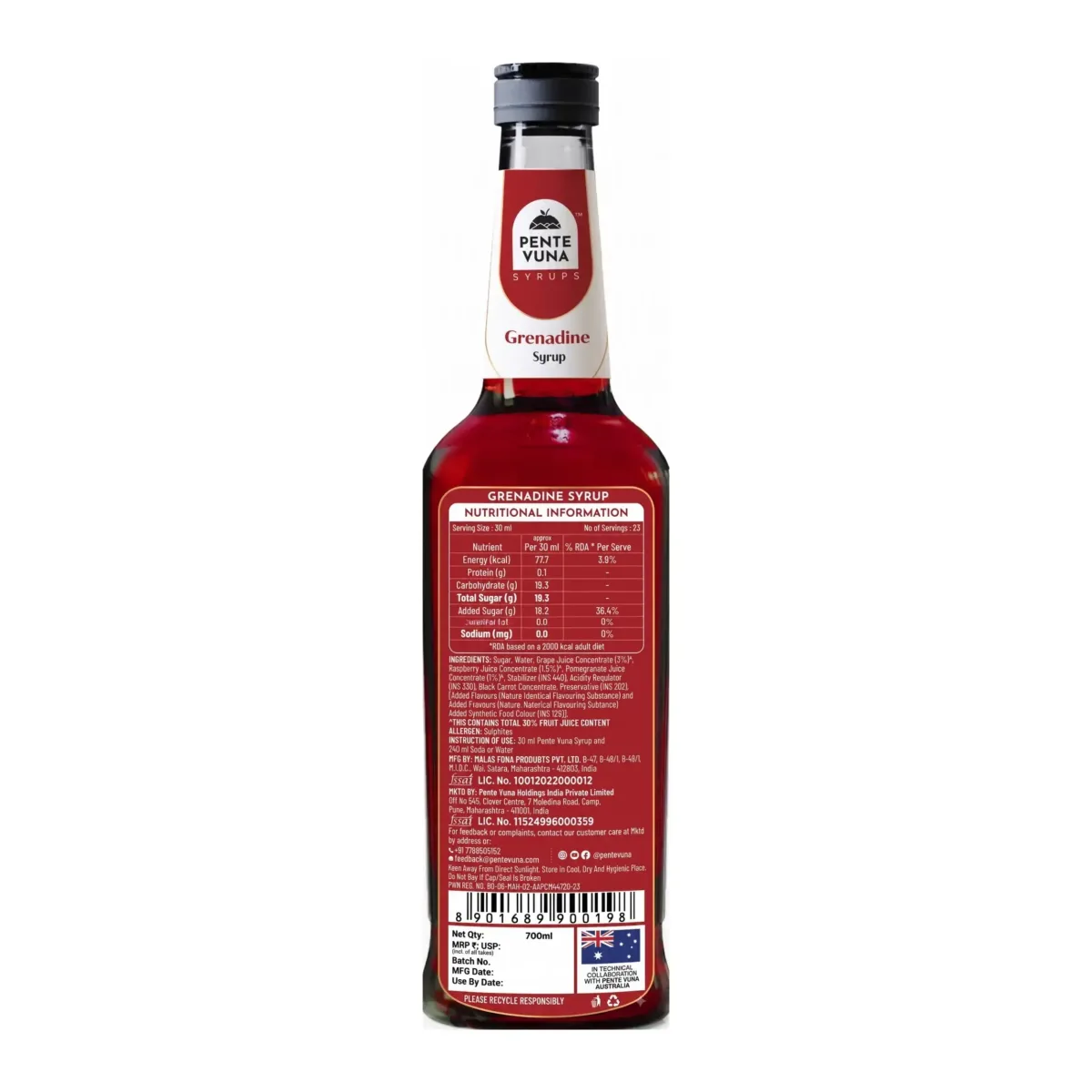 Pente Vuna Grenadine Flavoured Syrup 700ml - 2