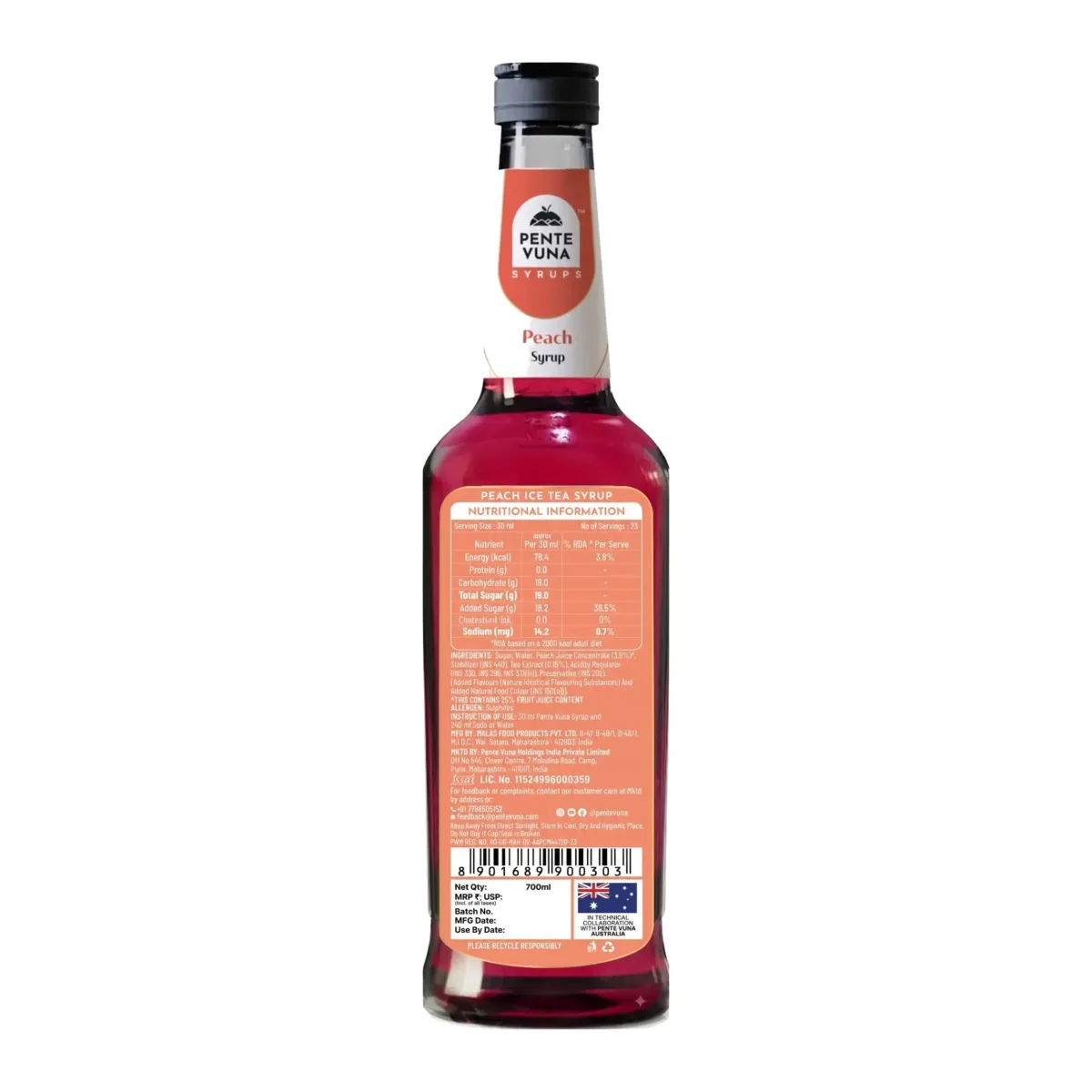 Pente Vuna Peach Ice Tea Flavoured Syrup 700ml - 2