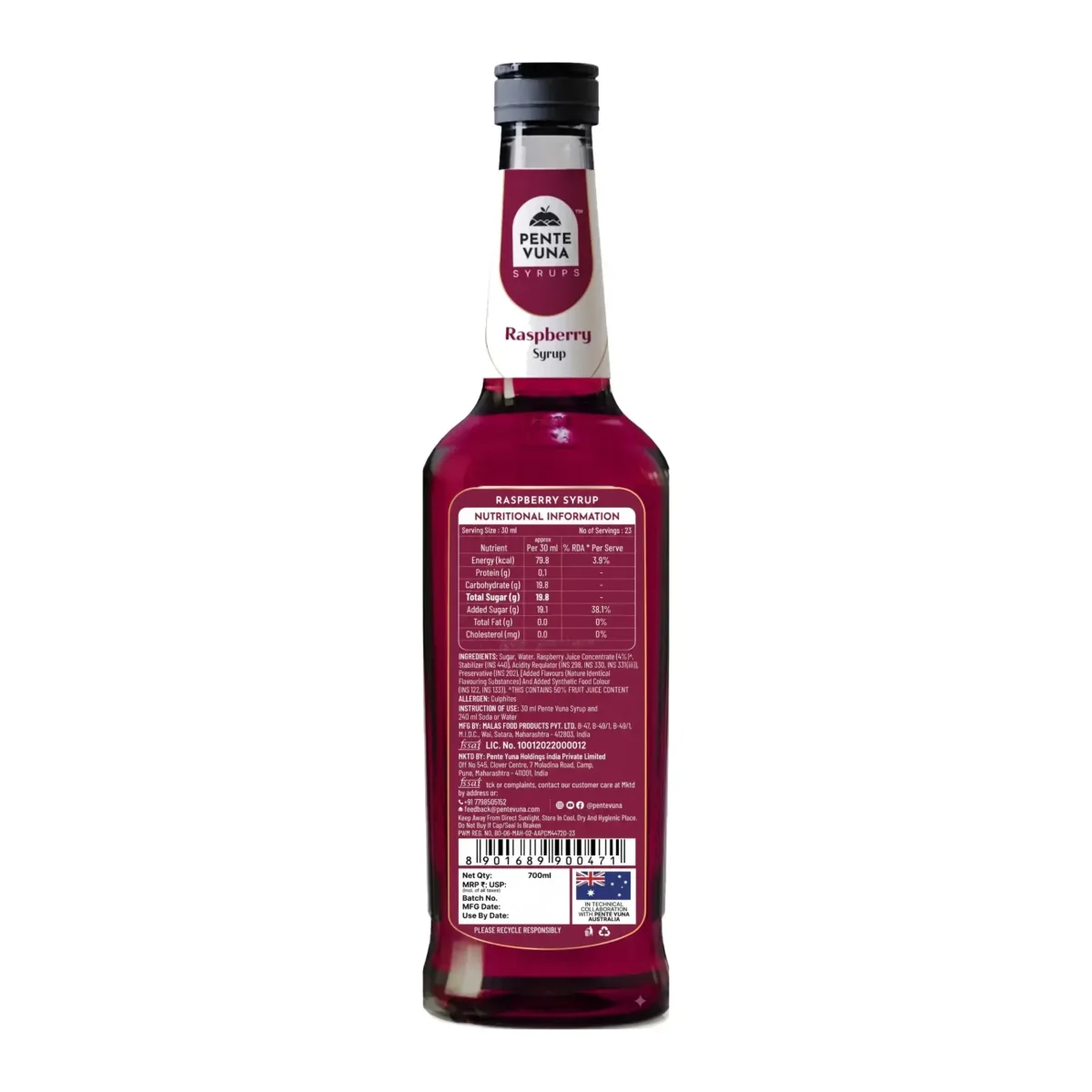Pente Vuna Raspberry Flavoured Syrup 700ml - 2