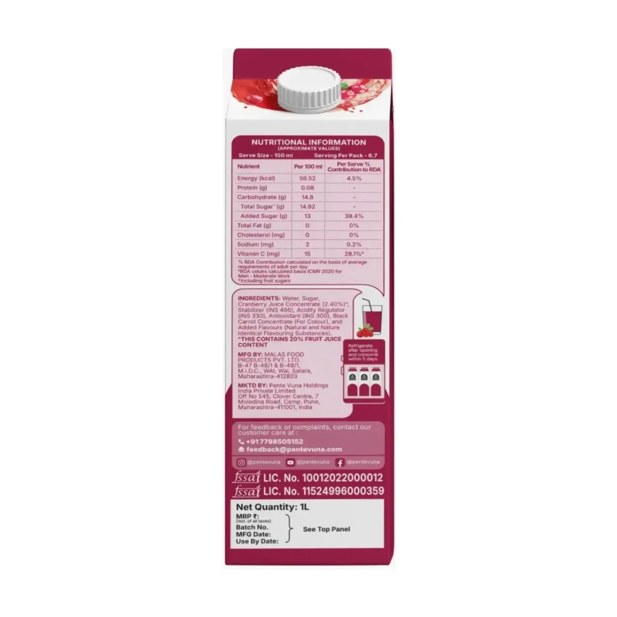 Pente Vuna  Ready to Drink Cranberry 1ltr - 2